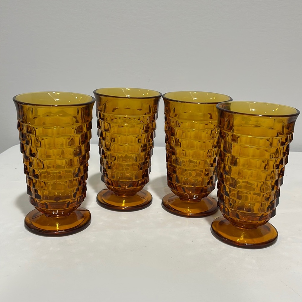 Vintage AMBER Indiana Glass WHITEHALL Cubist footed water Glasses Set of 4